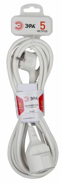 Удлинитель электрический с заземлением, ПВС, 3x0,75мм2. 1 розетка, 5м, 3х0.75мм2, 16A, Белый. Эра Б0