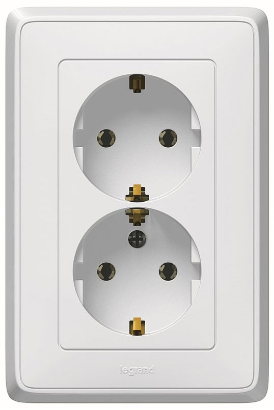 773627. Legrand. Cariva (Белый). Розетка 2х2К+З сдвоенная с заземлением, со шторками, встраиваемый м