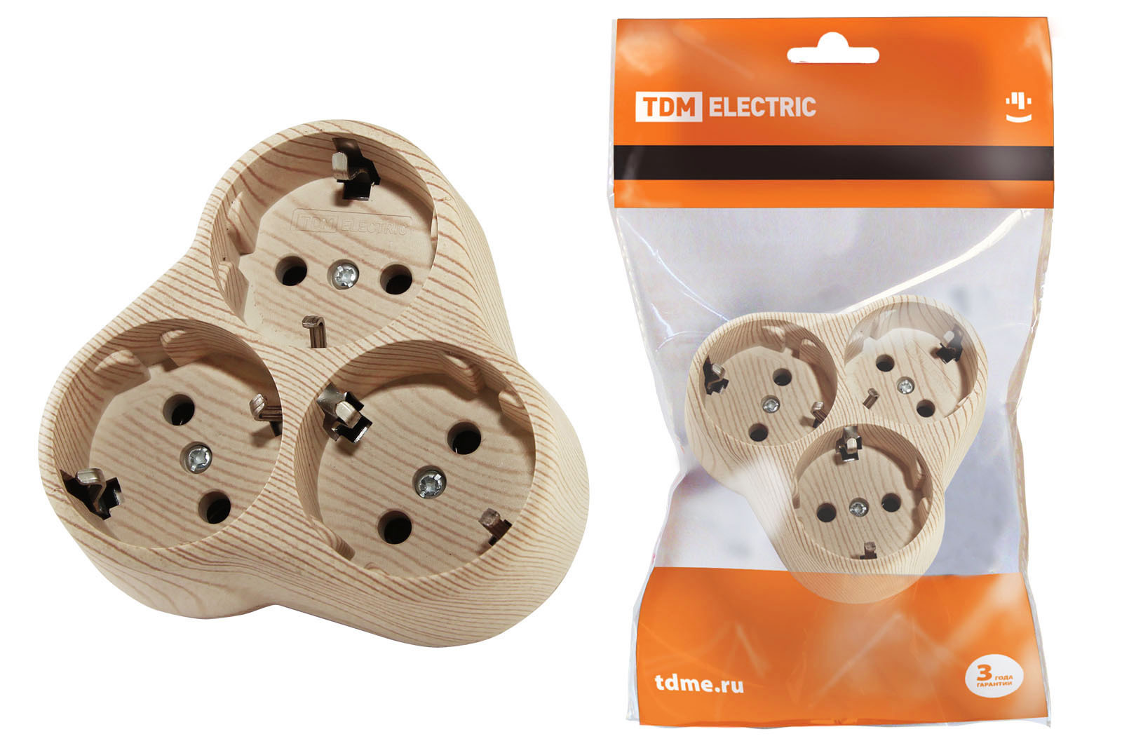 Разветвитель на 3 розетки, с заземлением, 16A, IP20. "Эко" сосна. TDM electric SQ1806-0077
