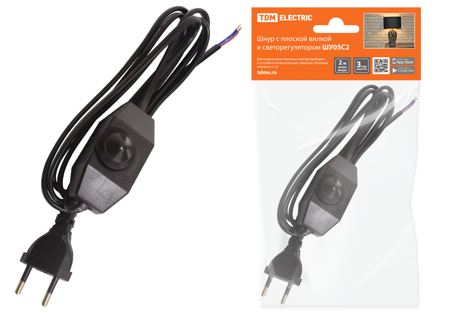Сетевой шнур с вилкой для светильников с диммером 2000 Черный 2х0,75. TDM electric SQ1305-0052