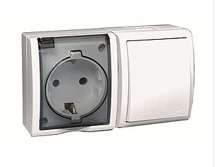 Simon Simon15 Aqua Блок накладной, влагозащищенный: розетка + выключатель IP54 10/16A 250V Белый