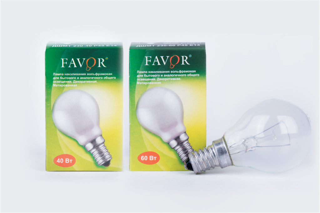 Лампа накаливания "Шар P45" . E14, 40W, 230V, Favor P45 ДШ МТ 230-40 P45 E14