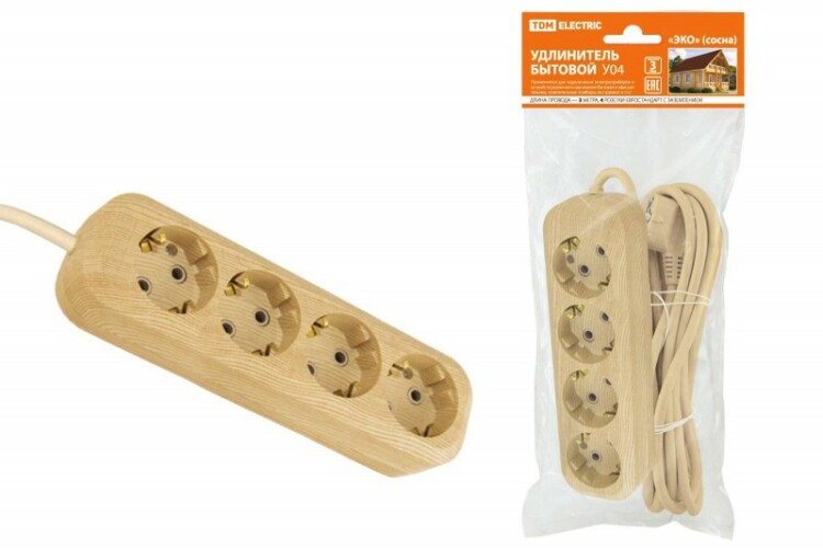 Удлинитель электрический ПВС, с заземлением. 4 гнезда, 3м, 3х1мм2, 16A, Сосна. TDM electric SQ1303-2