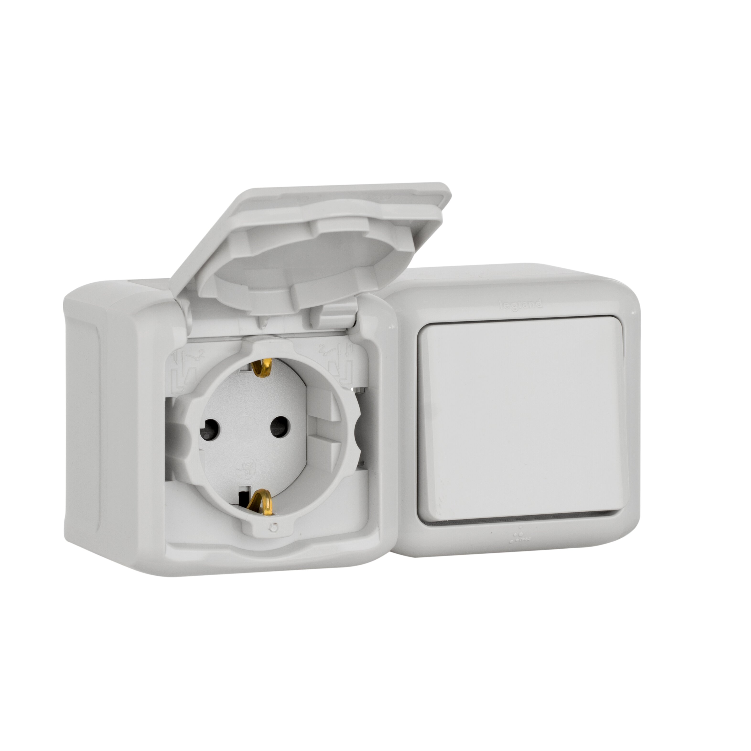 782348. Legrand. Quteo (Серый).  Блок: розетка с крышкой + выключатель 1-клавишный