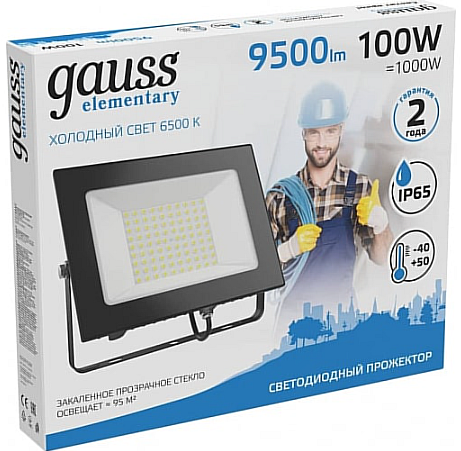 Прожектор светодиодный Черный IP65 100W 6500K 220V Gauss Elementary G2 613100100