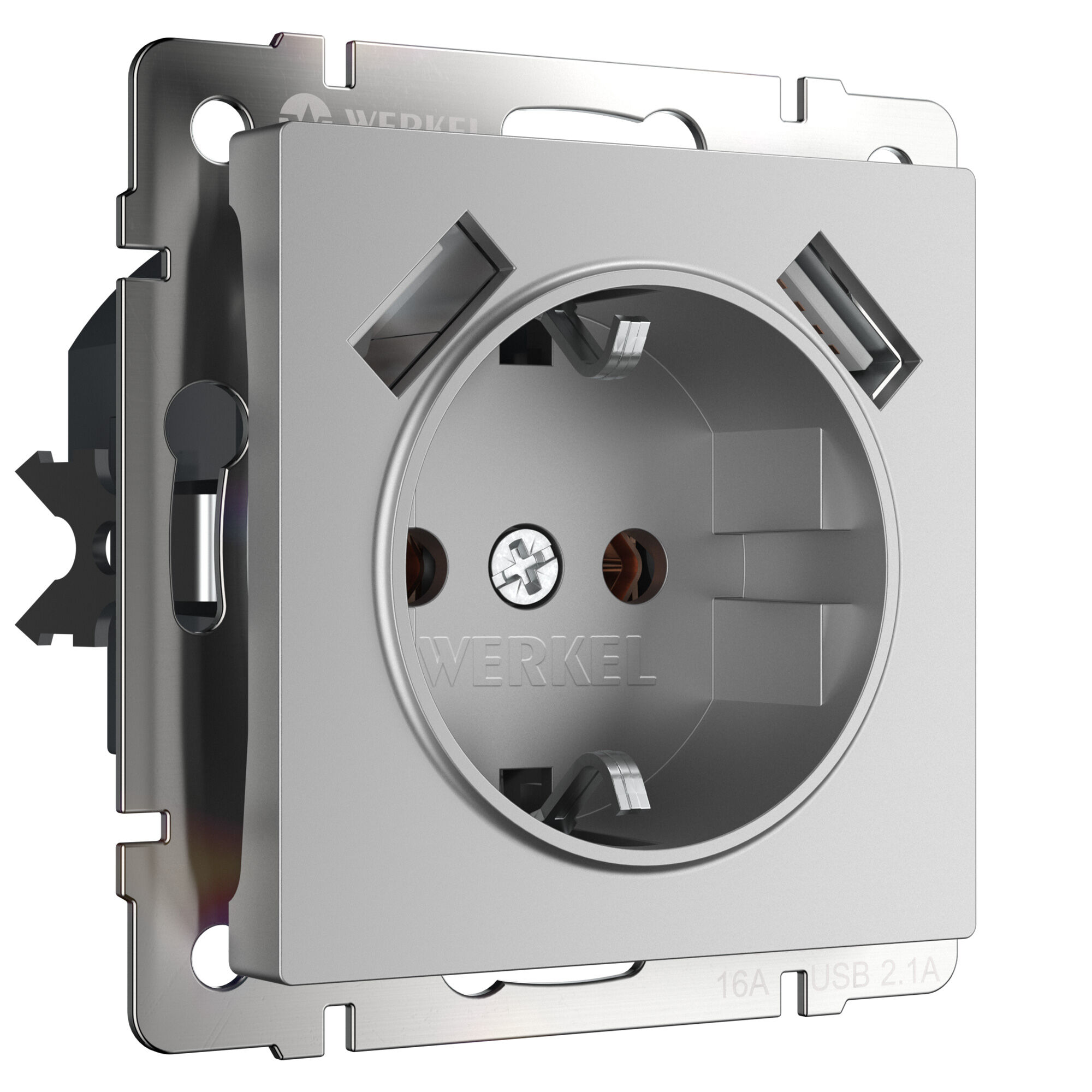 Розетка с заземлением IP20 16A USB-2100mA серебряный. Серебряный. Werkel W1171506
