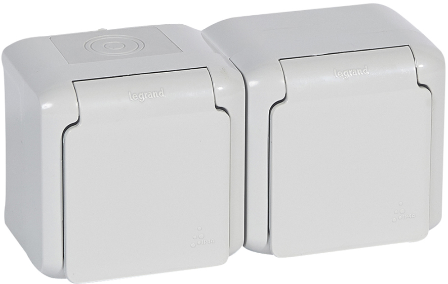 Розетка 2x2K+З с заземлением блок сдвоенный влагозащищенный IP44 16A Серый. Legrand 782353