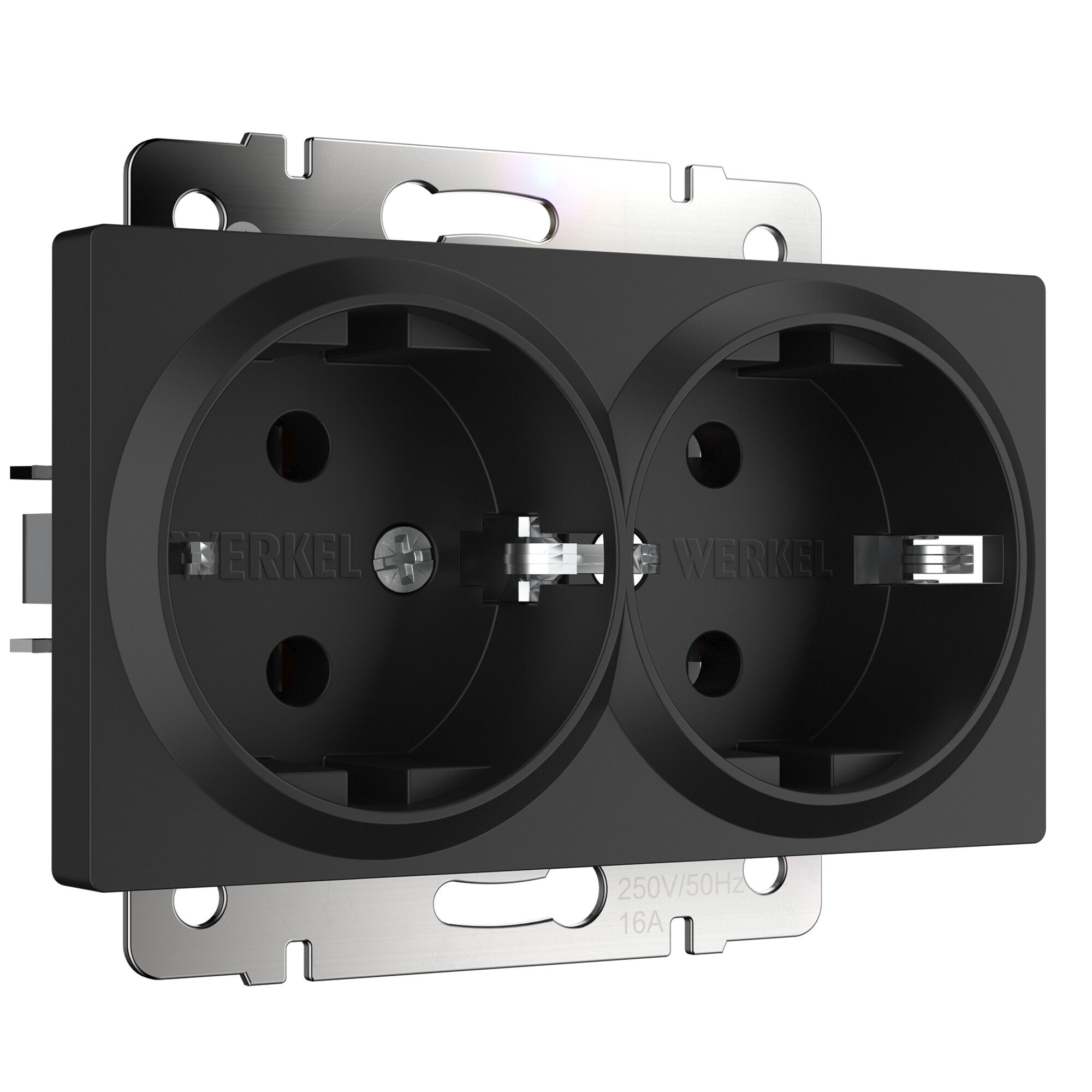 Розетка с заземлением сдвоенная IP20 16A черная. Черный матовый. Werkel W1172008
