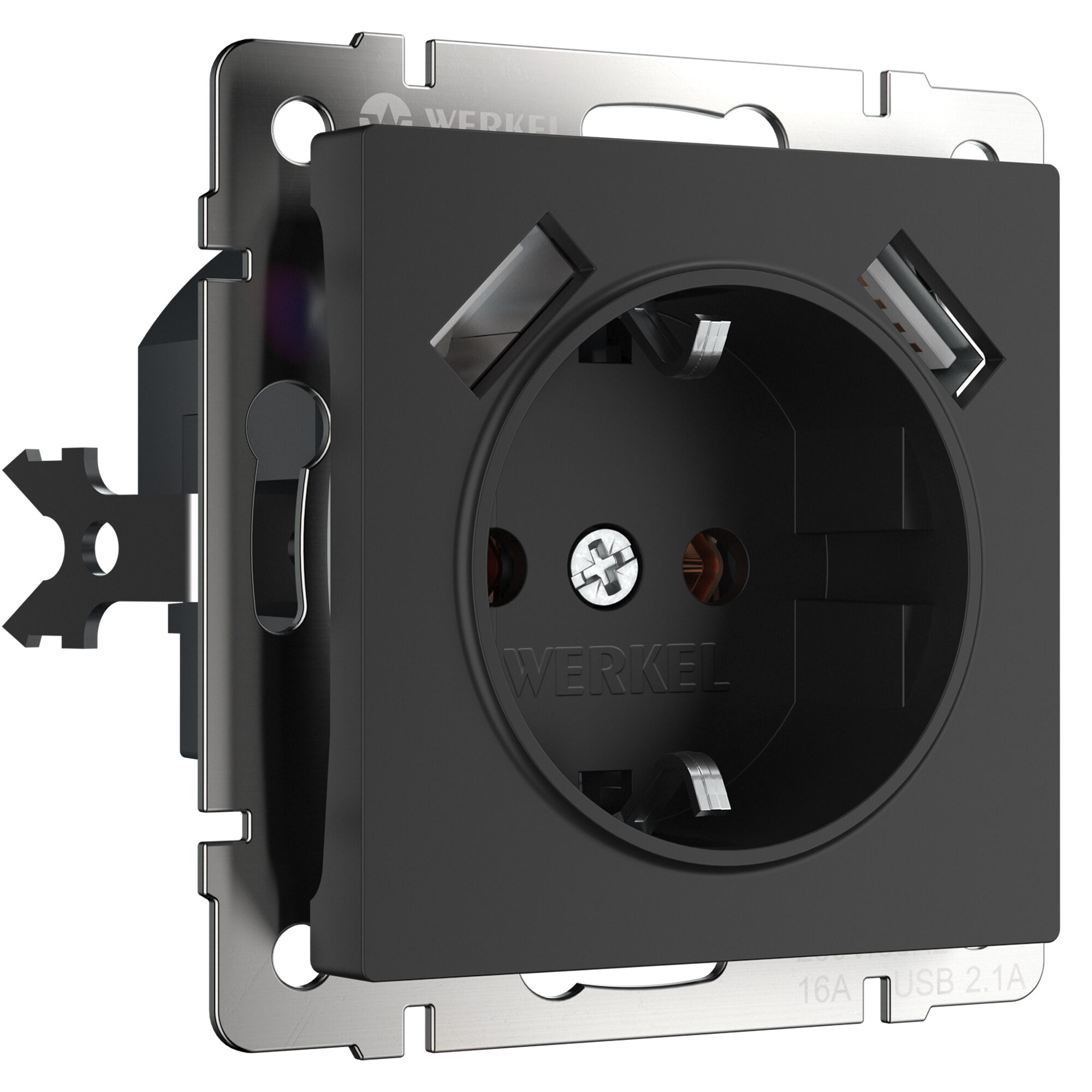 Розетка с заземлением IP20 16A USB 2100мА черный. Черный матовый. Werkel W1171508