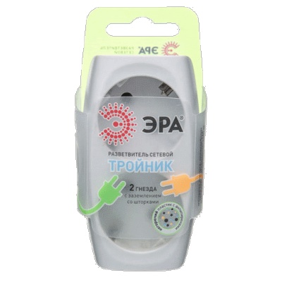 Разветвитель на 2 розетки, с заземлением со шторками, 16A, 3500Вт, IP20. Белый. Эра C0045528