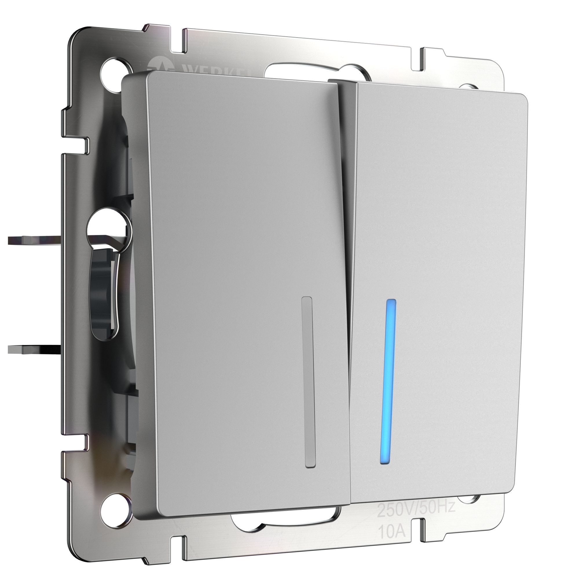 Выключатель 2-клавишный с подсветкой IP20 Серебряный Серебряный.Werkel. W1120106