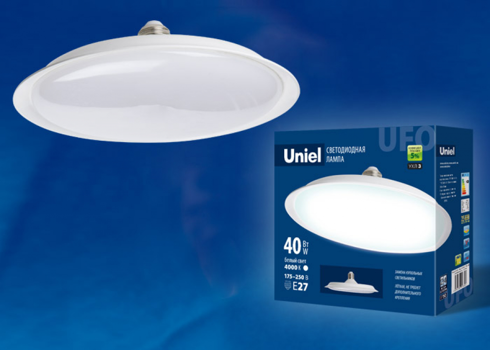 UL-00004574. Uniel. LED-U220-40W/4000K/E27/FR. Светодиодная лампа диск,E27,40W,175-250V,4000K,белый 