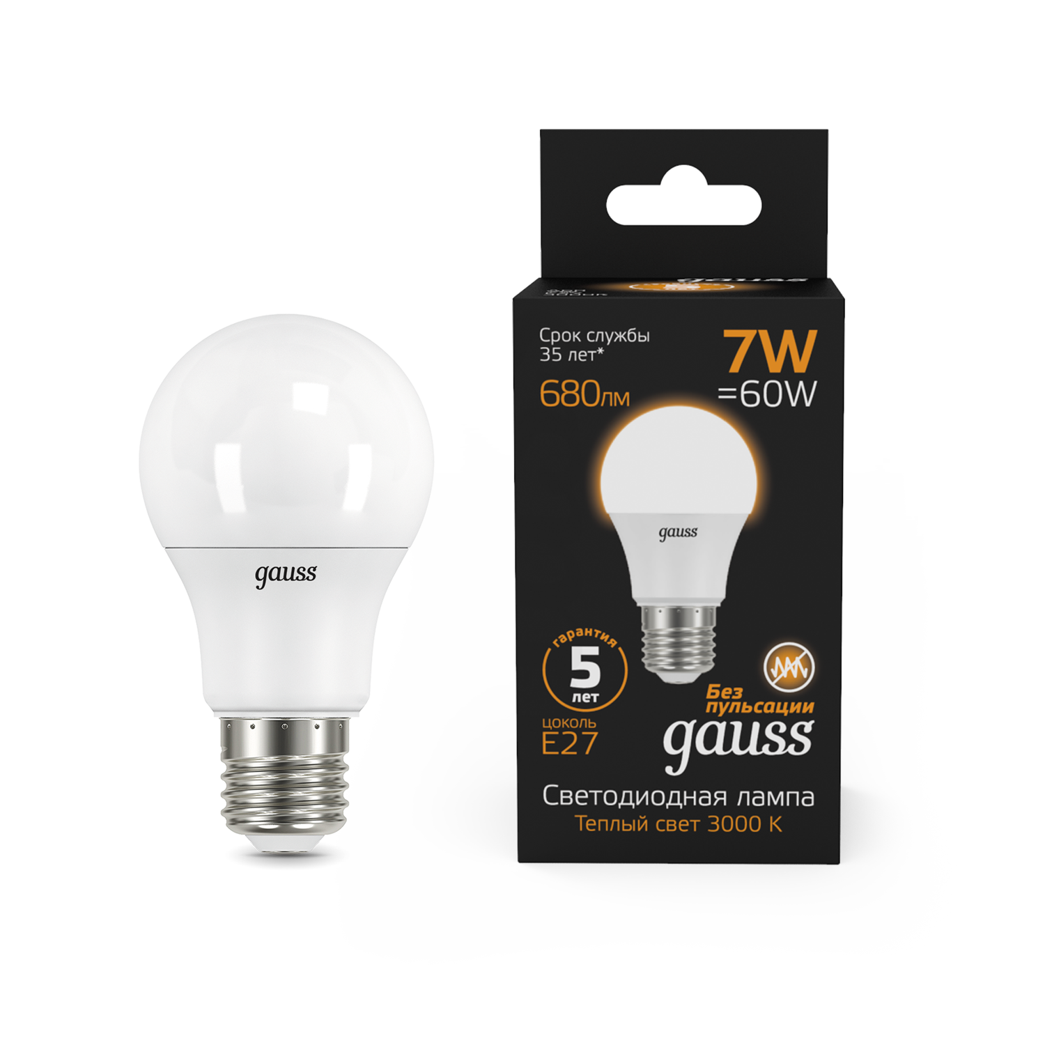 Светодиодная лампа "A60" . E27, 7W, 220V, 3000K. Gauss 102502107