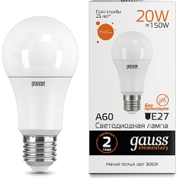 Светодиодная лампа "ЛОН A60" . E27, 20W, 220V, 3000K. Gauss 23219