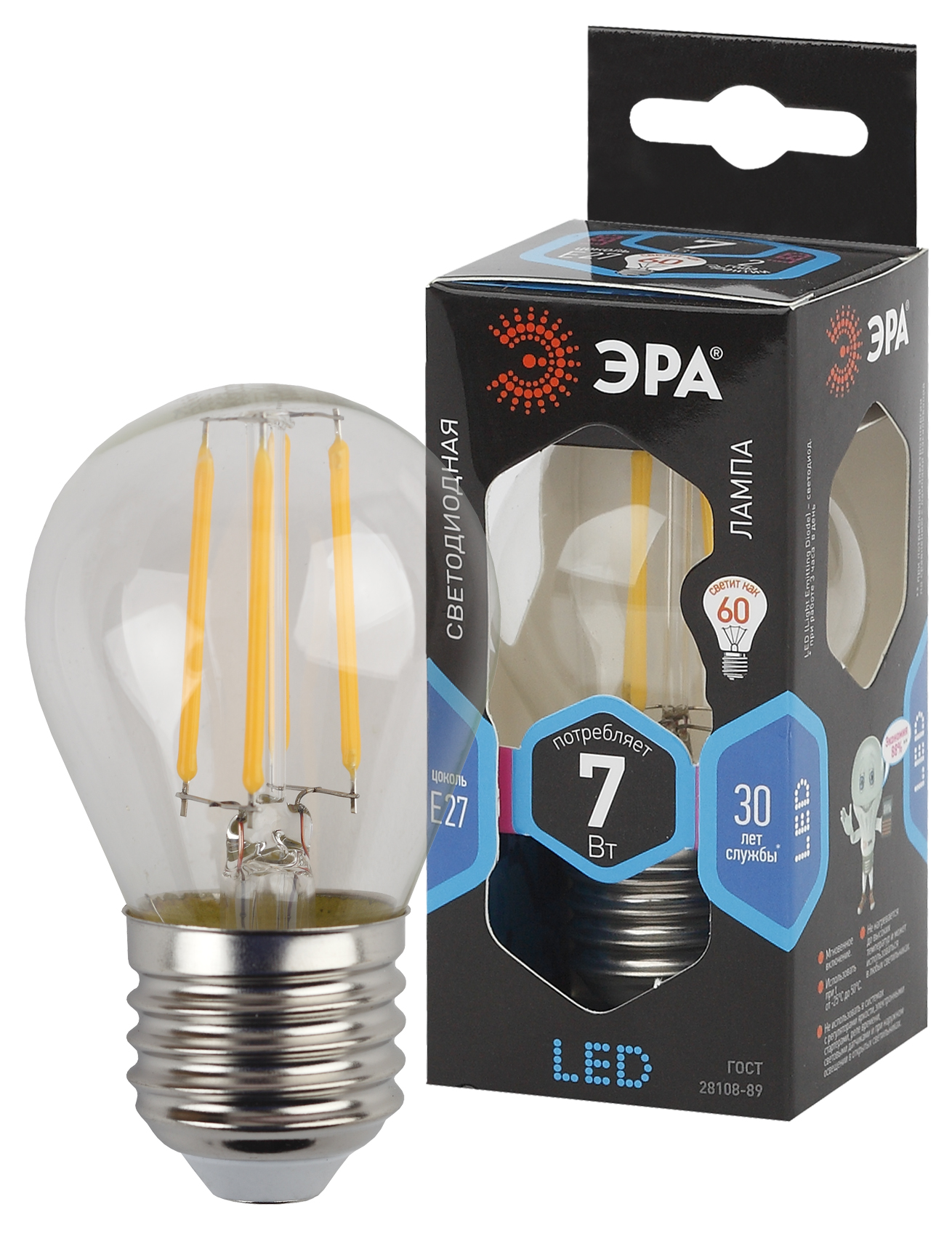 Светодиодная лампа "шар" . E27, 7W, 230V, 4000K. Эра F-LED Filament Б0027949