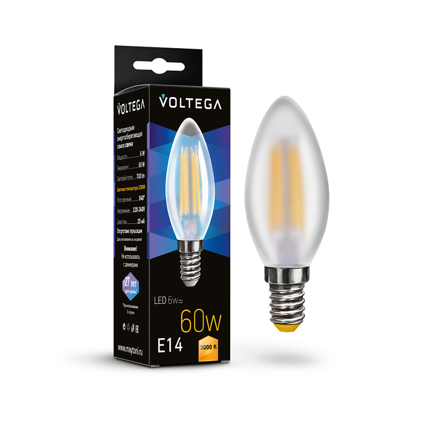 7207.(VG10-C2E14-3K-6W-F).Voltega.  Светодиодная лампа Свеча,E14,6W,240V,3000K,матовая