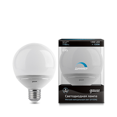 Светодиодная лампа "Шар" диммируемая . E27, 14W, 220V, 4100K. Gauss EB136102214-D