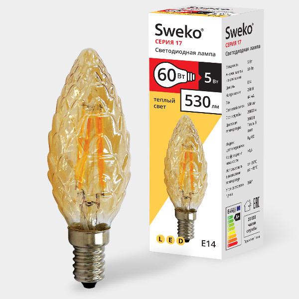 38637.Sweko.  Лампа светодиодная свеча "шишка",нет.E14,5W,220V,3000K,Янтарная