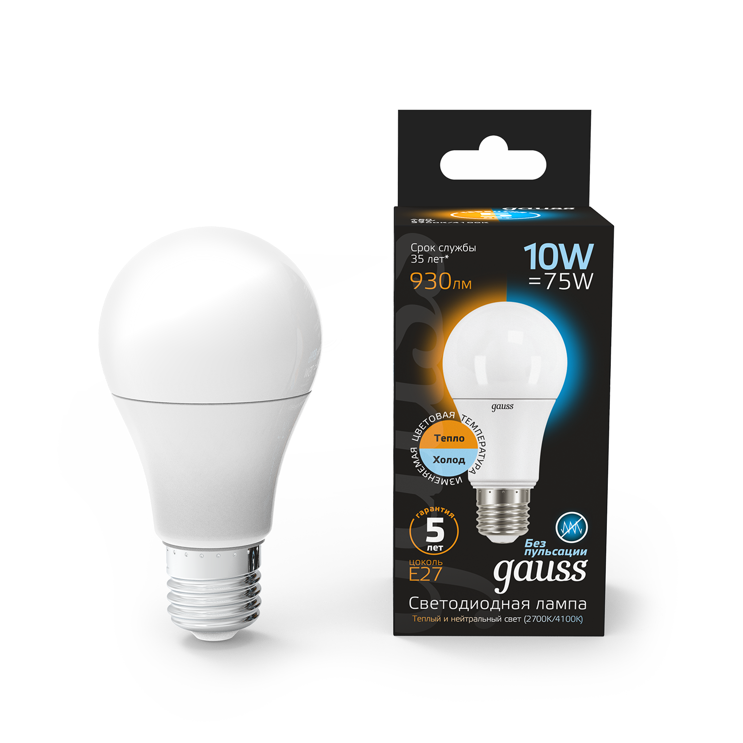 Светодиодная лампа "A60" нет . E27, 10W, 220V, 3000/4100K. Gauss 102502110-T