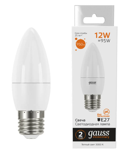 Светодиодная лампа "Свеча" . E27, 12W, 220V, 3000K. Gauss 30212