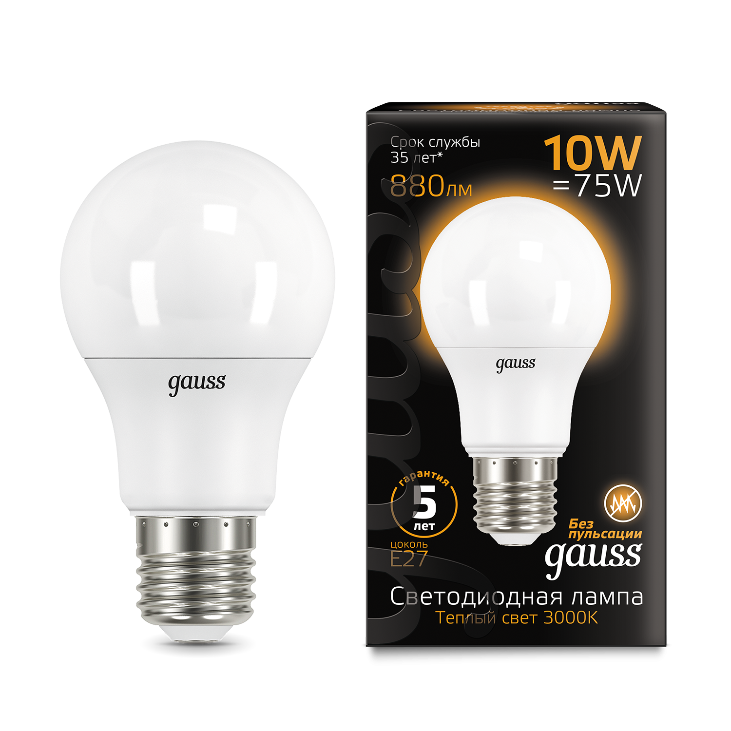 Светодиодная лампа "A60" нет . E27, 10W, 220V, 3000K. Gauss 102502110