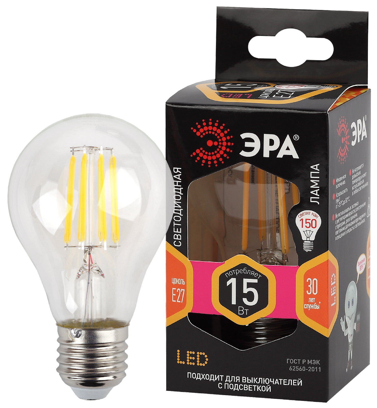 Светодиодная лампа "A60" . E27, 15W, 170-265V, 2700K. Эра  F-LED Filament Б0046981