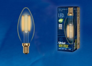 LED-C35-5W/GOLDEN.Uniel.  Лампа светодиодная филаментная. Свеча,E14,5W,250V,2700K,Gold янтарное стек