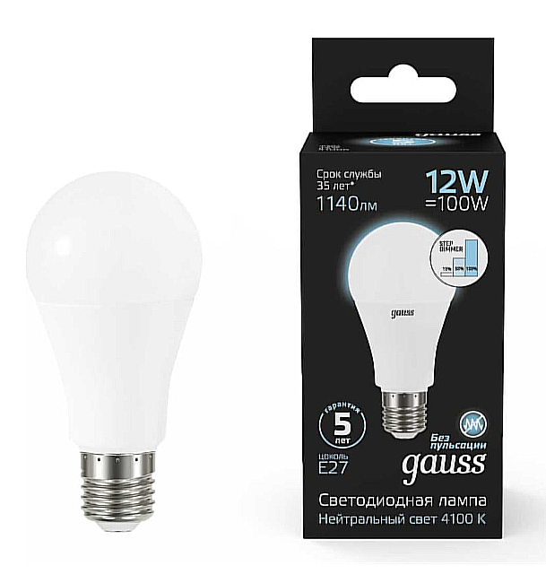 Светодиодная лампа "A60" шаг.дим-ние . E27, 12W, 220V, 4100K. Gauss 102502212-S