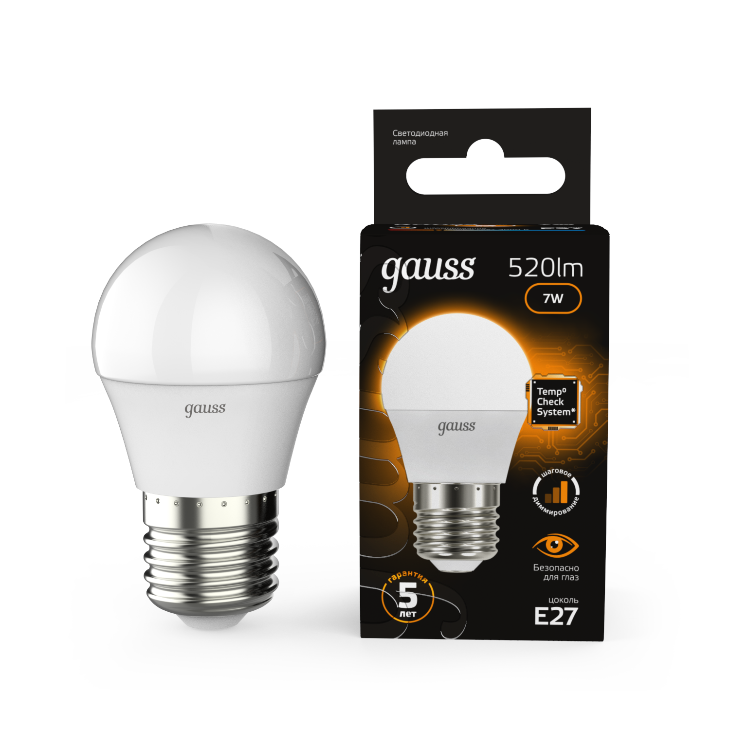 Светодиодная лампа "Шар" шаг.дим-ние . E27, 7W, 220V, 3000K. Gauss 105102107-S