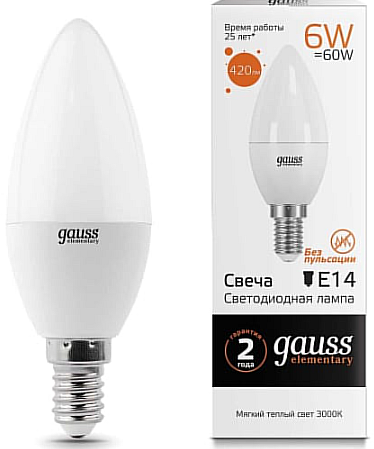 Светодиодная лампа "Свеча" . E14, 6W, 220V, 3000K. Gauss 33116